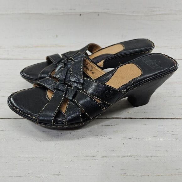 Born Womens Size 8 Black Woven Leather‎ Slide Heels Slip On Heeled Sandals W3273 - Picture 1 of 10